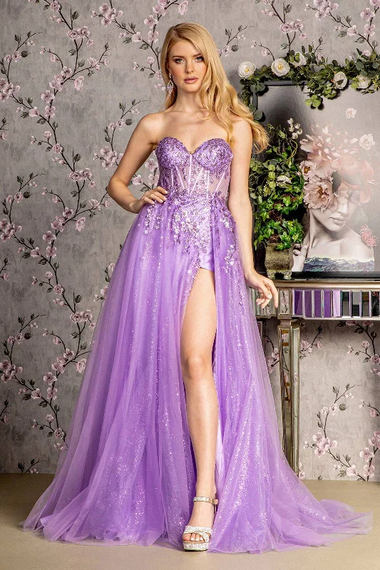 Sequin Strapless Sheer Bodice Mesh A-line Long Prom Dress GLGL3209