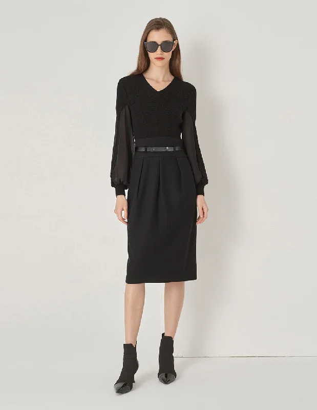 MARYLING Black V-Neck Patchwork Georgette Dress