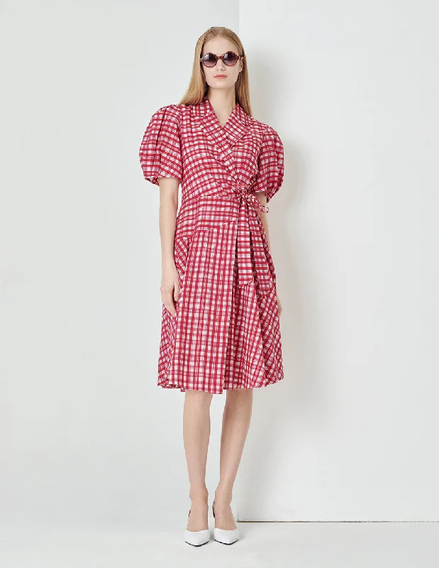 MARYLING Rose pink plaid suit collar puff sleeves plaid dress