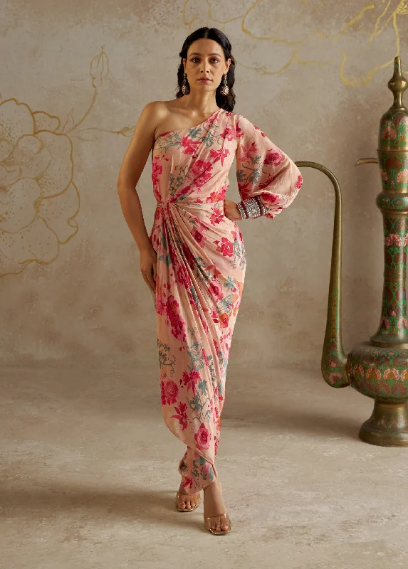 Blush rose one-shoulder draped dress