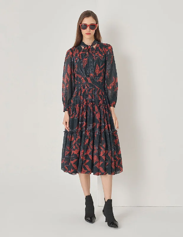 MARYLING Black And Red Geometric Shirt Collar Print Dress