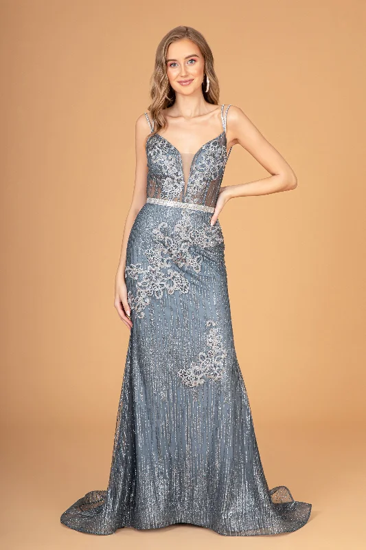 Floral Embroidery Glitter Mesh Mermaid w/ Jeweled Waist Band Long Prom Dress GLGL2889