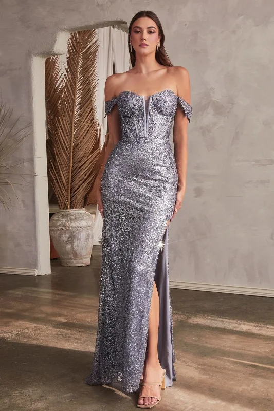 Off Shoulder Lace & Glitter Side Slit Long Evening & Prom Dress CDCD0193