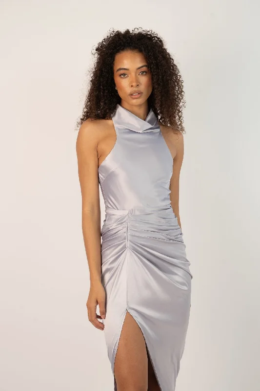 Dyna Cowl Halter Midaxi Dress in Satin Slate Grey