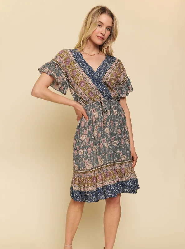 Ruffled Sleeve Border Print Dress [Charcoal/Blue-55993]