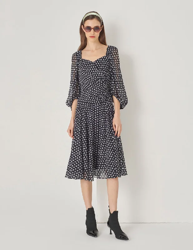 MARYLING Black And White Forest V-Neck Pinched Puff Sleeve Dress