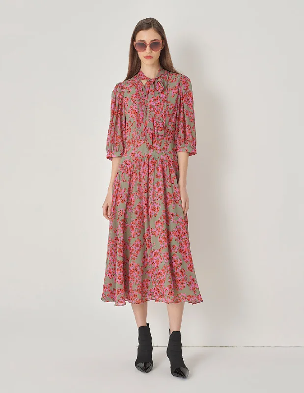 MARYLING Neck Tie Waist Mid-Sleeved Dress