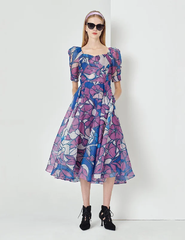 MARYLING V-neck Puff Sleeve Organza Print Dress