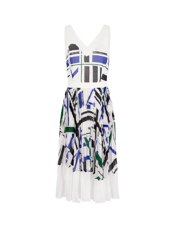 MARYLING Blue And White Geometric Stripe Print Georgette Dress