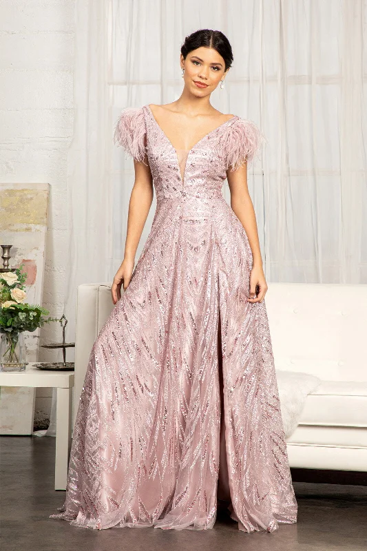 Feather-Shoulder Embellished A-line w/ Open V-back Long Prom Dress GLGL3046