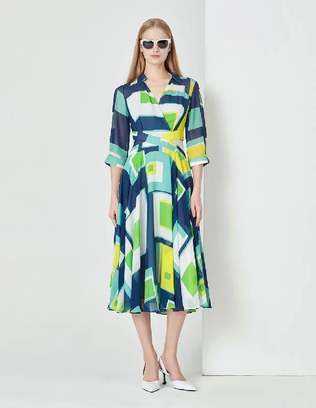 MARYLING Colourful Holiday Puzzle Art Plaid V-Neck Big Swing Georgette Dress