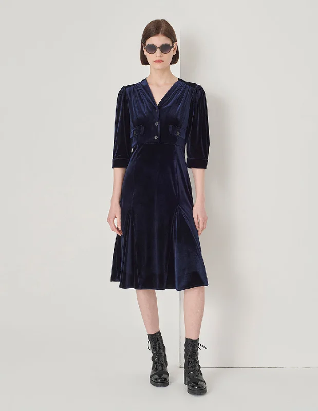 MARYLING Midnight Blue Mermaid Puff Sleeve Dress