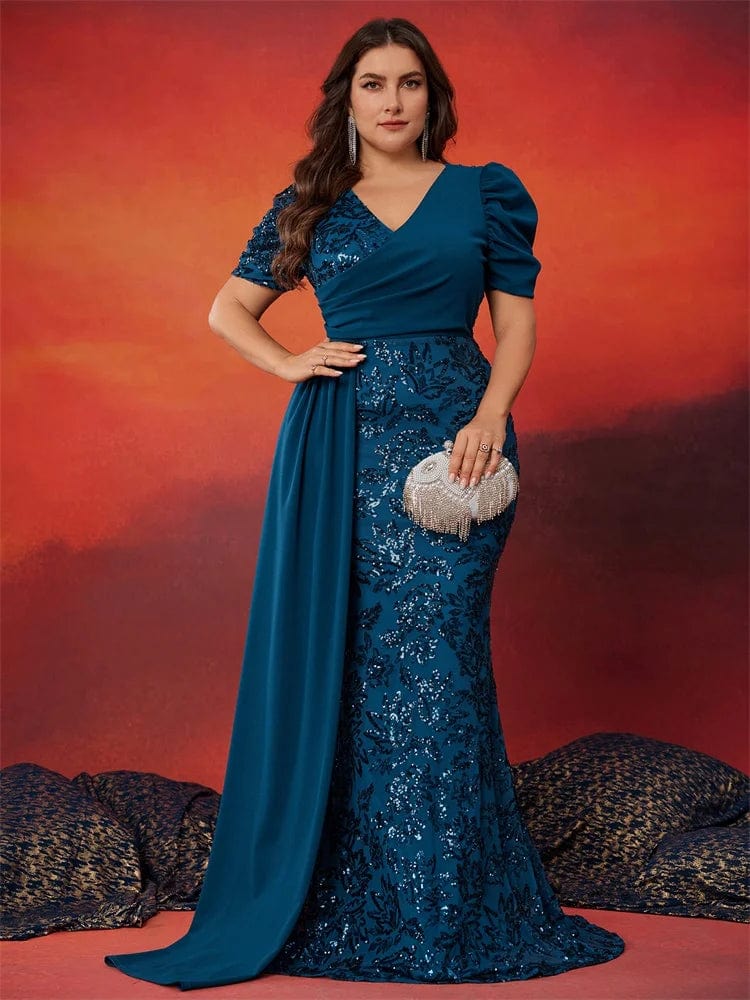 Lucyinlove Plus Size Elegant V-neck Sequins Evening Dress Women Short Sleeves Mermaid Formal Luxury Party Streamer Prom Dress