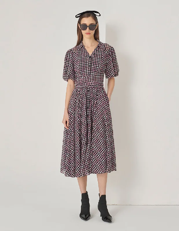 MARYLING Red Berry Plaid Shirt Collar Cross Tie Puff Sleeve Dress