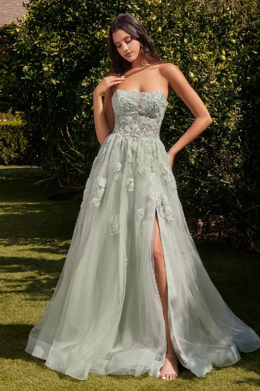 Strapless Sage Corset Back Side Slit Tulle Skirt Long Prom Dress CDA1346