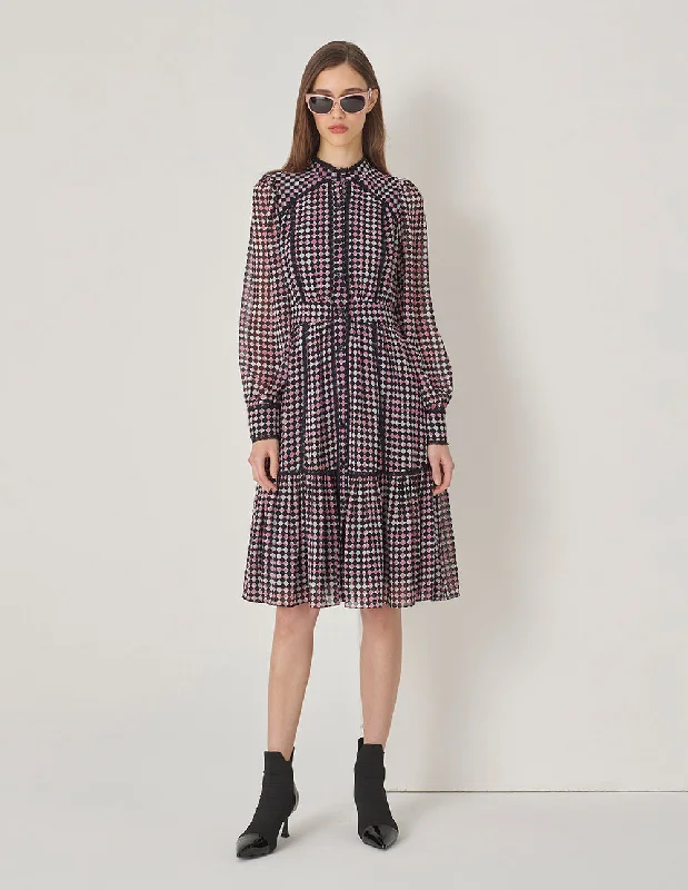 MARYLING Small Stand Collar Paneled Lace Pleated Dress