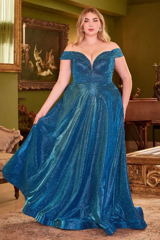 Metallic Plus Size Glitter Off Shoulder Laced Back Bodice Shimmer Long Prom & Ball Dress CDCD210C