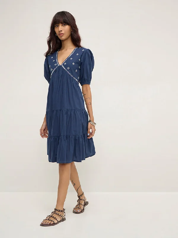 Bombay Paisley Navy Embroidered Cotton A-Line Dress