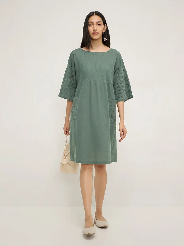 Utsa Teal Schiffli Design Cotton A-Line Dress