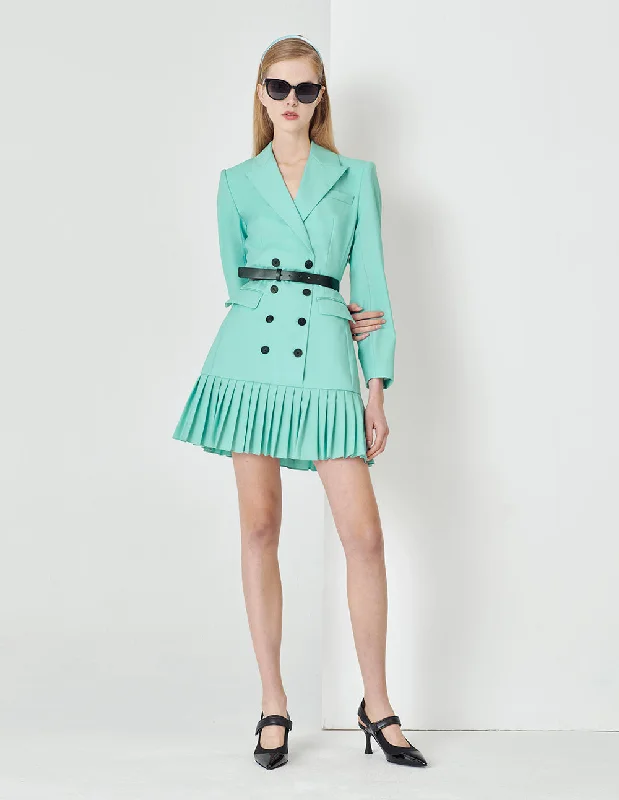 MARYLING Milk Blue Pleated Stitched Suit Collar Dress
