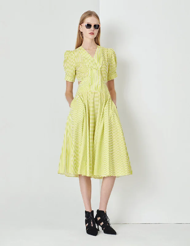 MARYLING Yellow And White Cross Hollow Stripe Dress