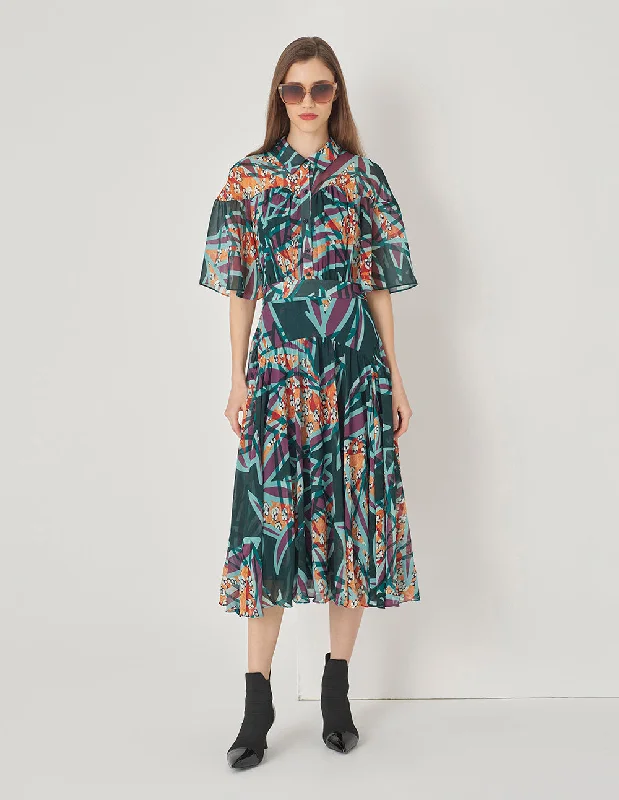 MARYLING Shirt Collar A-Line Ruched Sleeve Georgette Dress