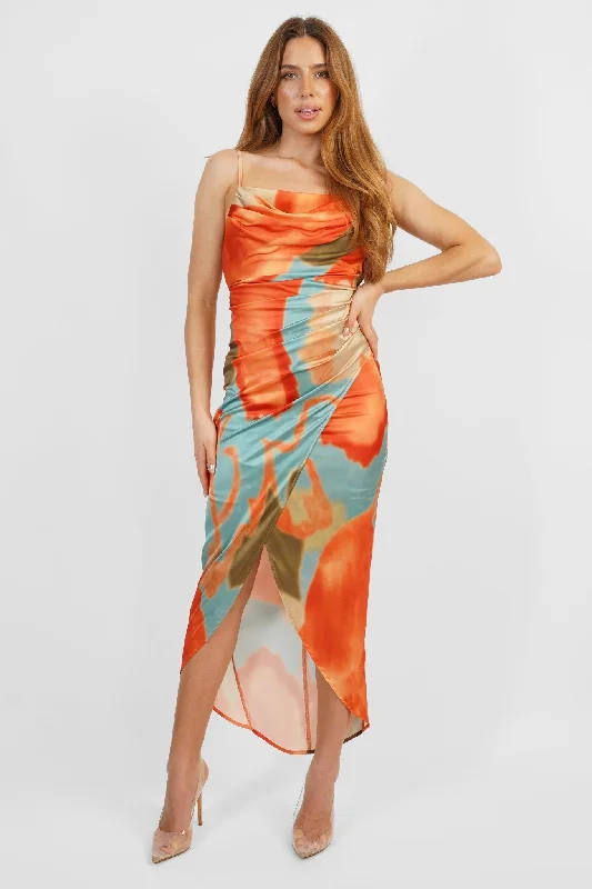 Lorenza Dress with Open Back in Orange/Blue Print