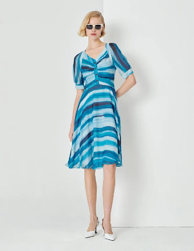 MARYLING Gradient Blue Wave Square Neck Pleated Print Dress