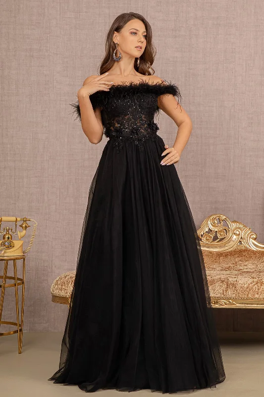 Embroidery Sheer Front Mesh A-line w/ Feather Embellishment Long Prom Dress  GLGL3138