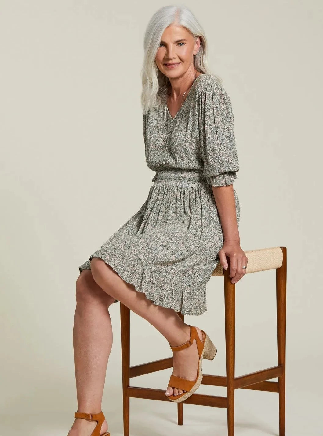 3/4 Sleeve V-Neck Dress Decorative Smocking [Petal Pink-7668O]