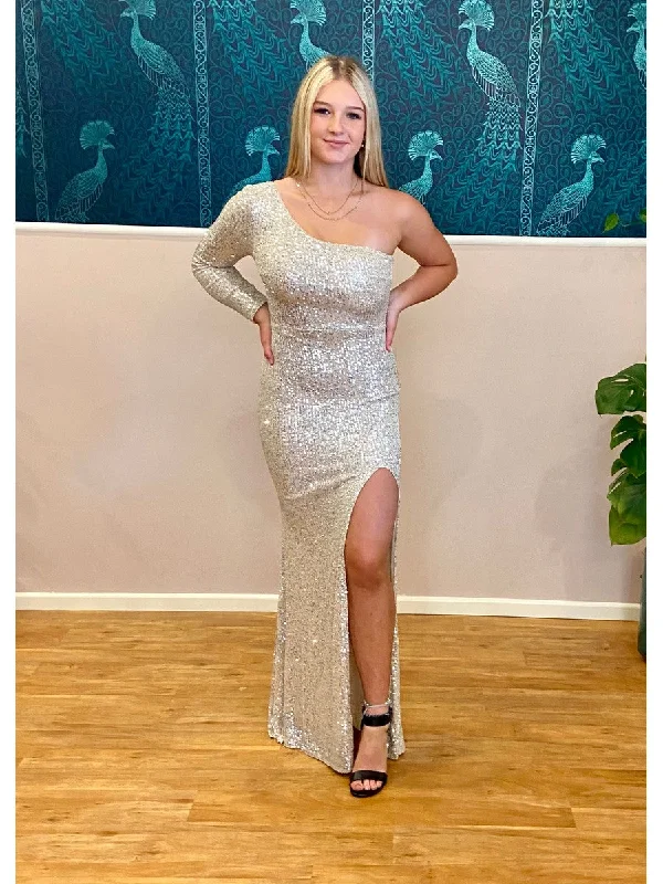 Megan sparkling one sleeved evening dress in silver s10-12 Express NZ wide
