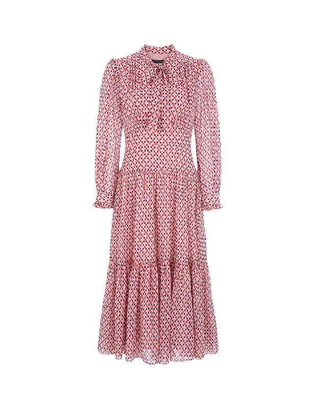 MARYLING Pink Small Square Dot Grid Tie Waist And Large Swing Long-Sleeved Dress
