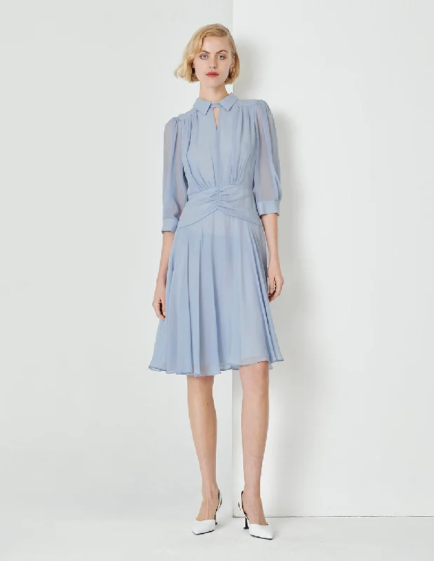MARYLING Foggy Blue Shirt Collar Pleated Waist Puff Sleeve Dress