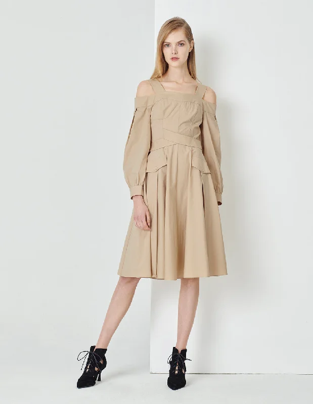 MARYLING Sand-Coloured Off-The-Shoulder Cross Detail Strappy Dress