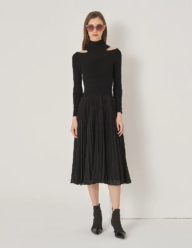 MARYLING Black Half Turtleneck Off-Shoulder Bodycon Pleated Hem Dress