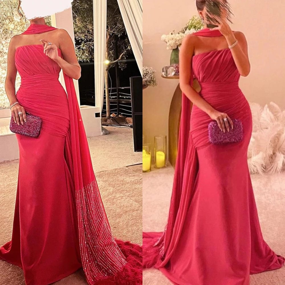 Customized Matching Fashion Halter Mermaid Cocktail Dresses Tassel Beaded Shirred Sweep/Brush Skirts Charmeuse Evening  2023