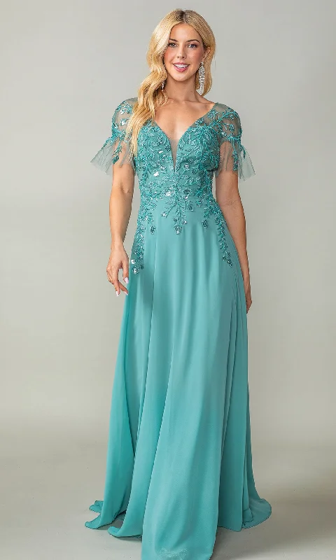 Sheer Short-Sleeve Prom Dress: Dancing Queen 4378