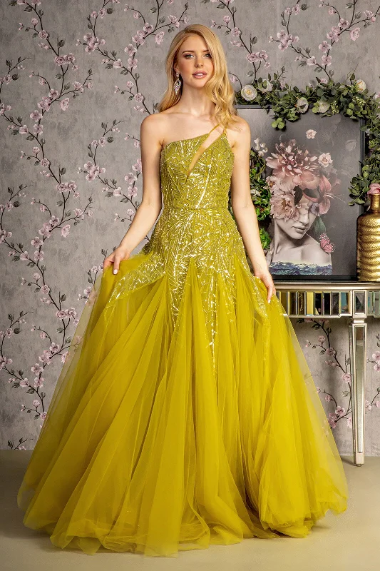 Asymmetric Sequin Sheer Cut-out Front Mesh A-line Long Prom Dress GLGL3281