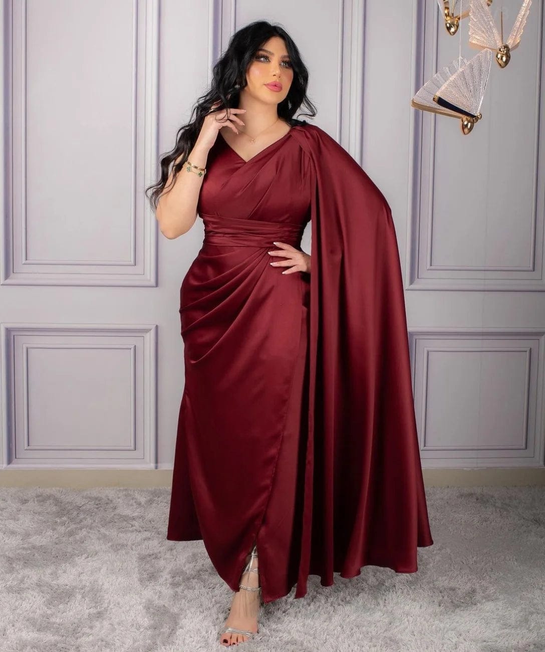 Customized Short Burgundy Evening Dresses with Slit Mermaid Satin V-Neck Pleated Ankle Length Prom Dresses for Women