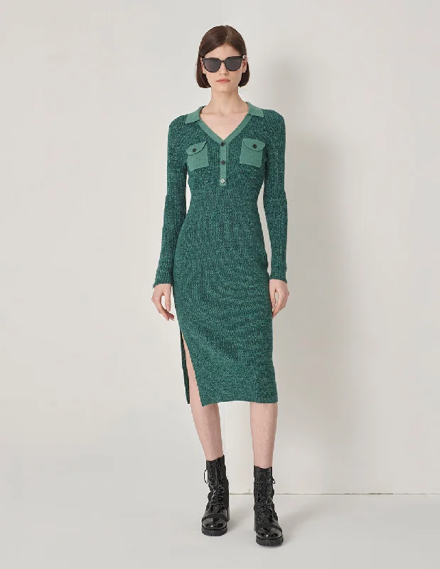 MARYLING Colour Blocking Collar Long Sleeve Knited Dress