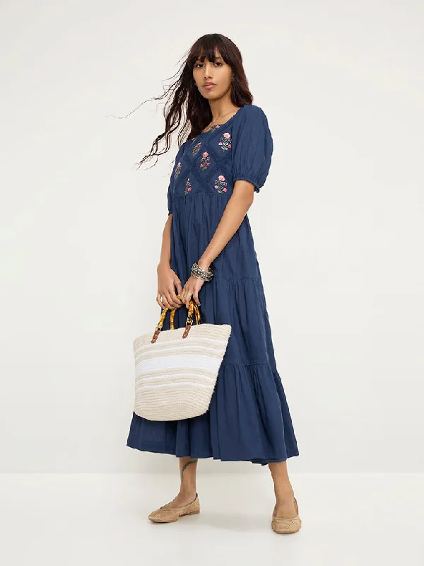 Bombay Paisley Navy Embroidered A-Line Cotton Blend Dress