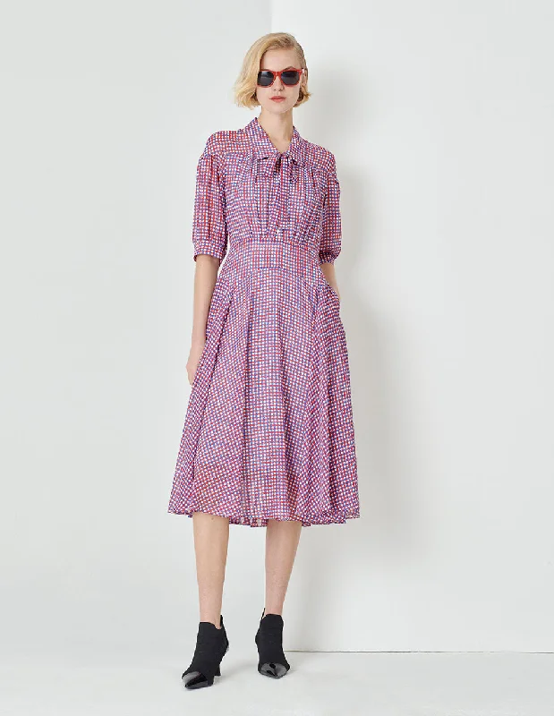 MARYLING Houndstooth Print Georgette Bow Tie Dress