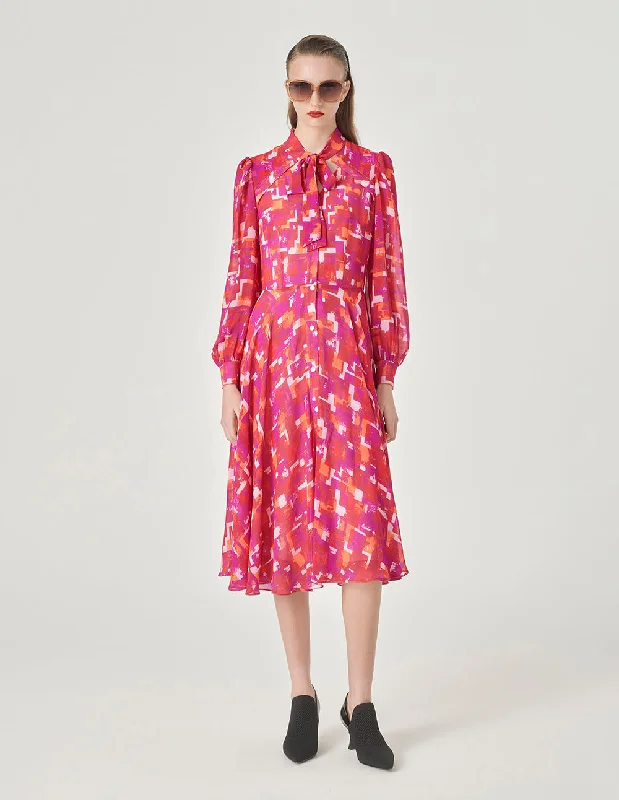 MARYLING Pink Checkered V-Neck Bow Print Dress