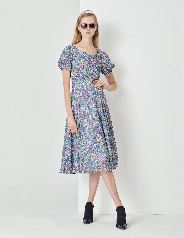 MARYLING Colourful Underwater Garden Square V-Neck Pinched Print Dress
