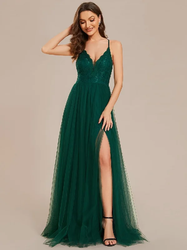 Shona cross back princess ball dress in lace and tulle with split