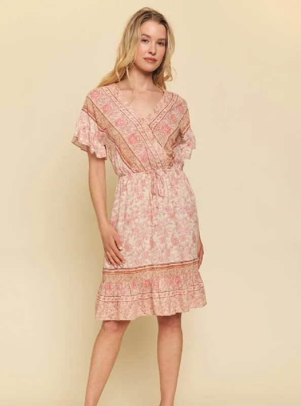 Ruffled Sleeve Border Print Dress [Beige/Blush-55993]