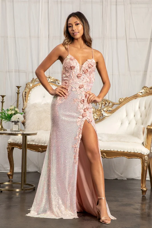 Full Iridescent Sequin Sweetheart Neckline w/ Leg Slit Long Prom Dress GLGL3025