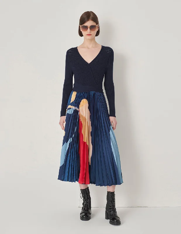 Maryling Navy Printed V-Neck Crossover Strap Pleated Knit With Woven Dress