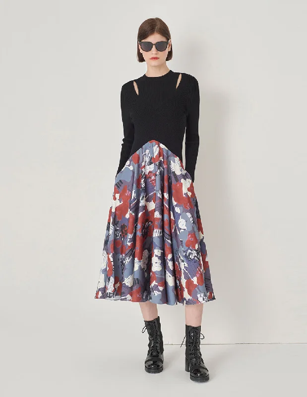 MARYLING Gray Blue And Red Abstract Oil Paint Hollow Inverted V Large Dress