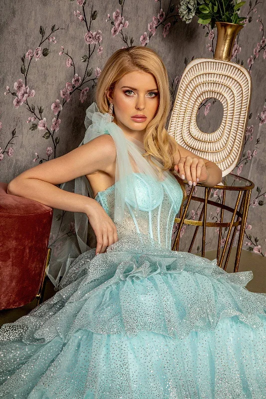Glitter Sheer Bodice Ribbon Straps Ruffled Skirt Mesh A-line Long Prom Dress GLGL3454